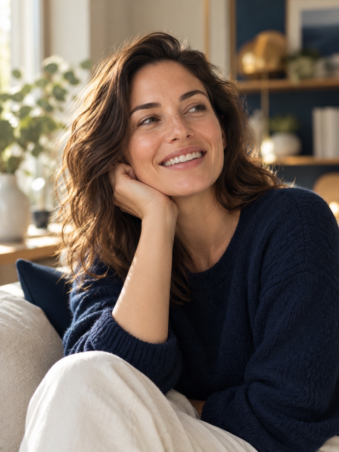 Portrait illustratif d’une adulte souriante dans un intérieur lumineux.