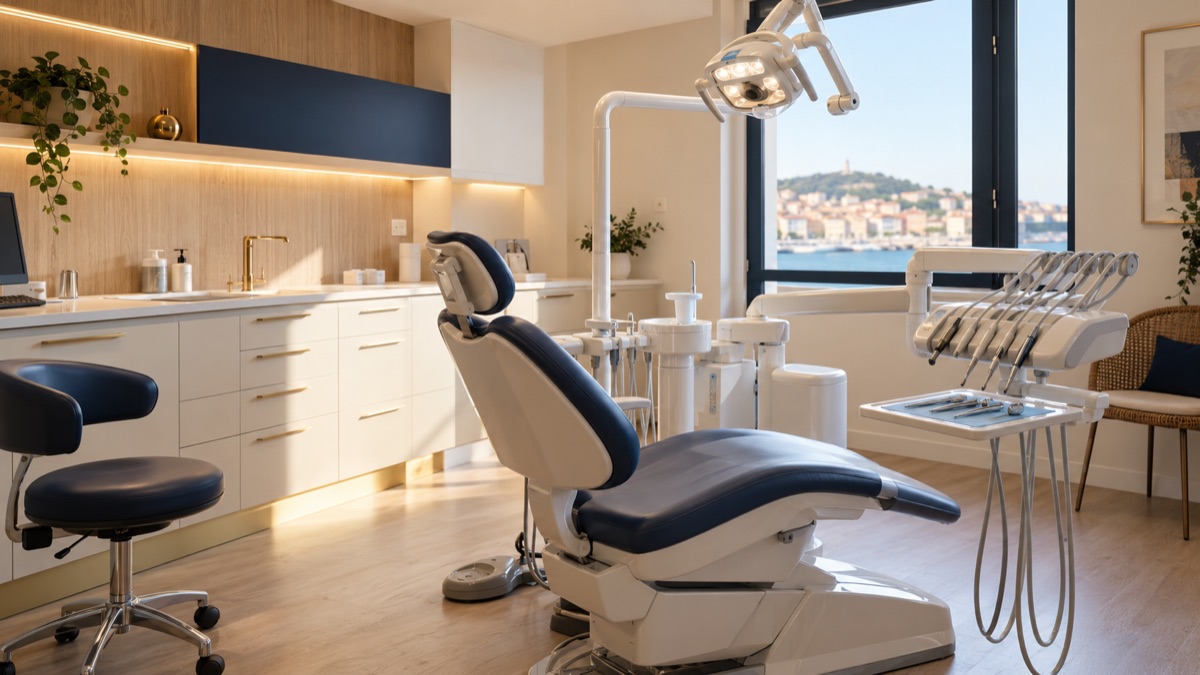 Illustration d’un espace de soins dentaire contemporain ; elle ne représente pas les locaux du cabinet.