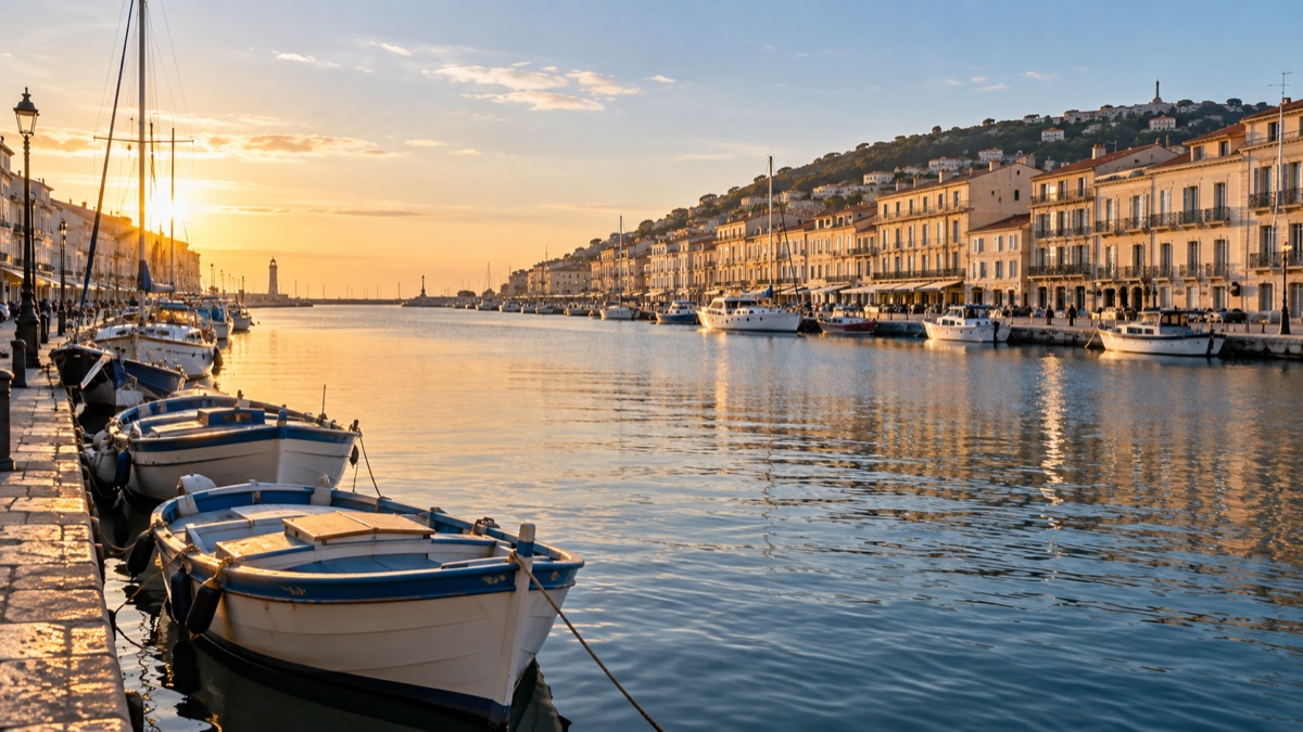 Vue illustrative du port de Sète et de ses quais à la lumière du soir.